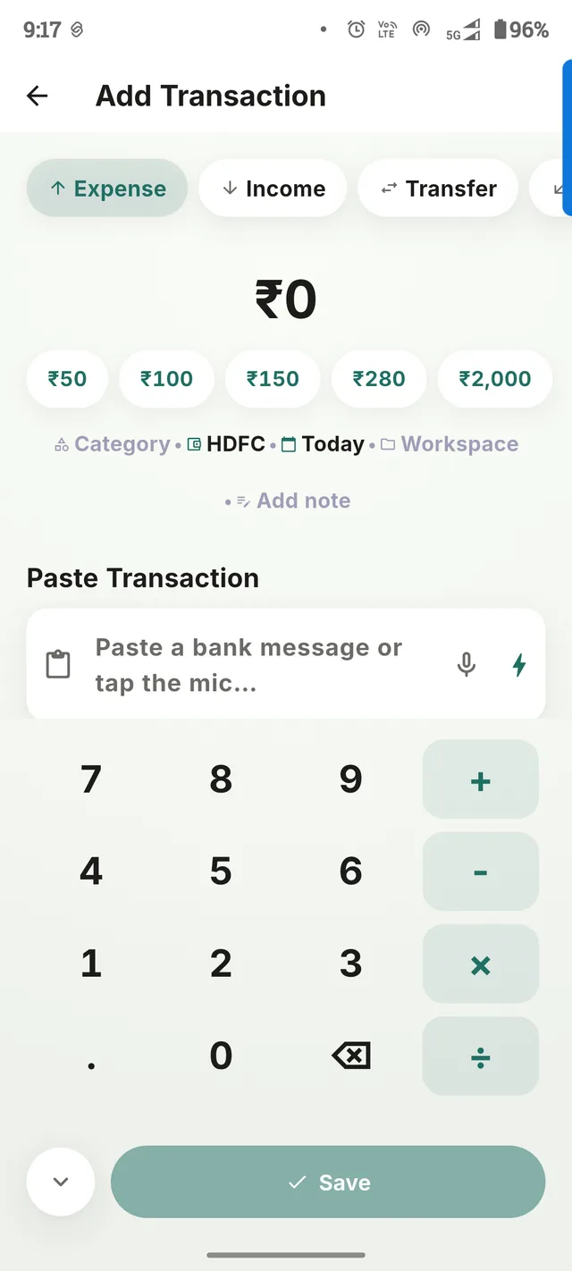 Screenshot of Dova's Add Transaction screen, with quick-amount chips, category/payment/date shortcuts, a Paste Transaction field, and a number pad.
