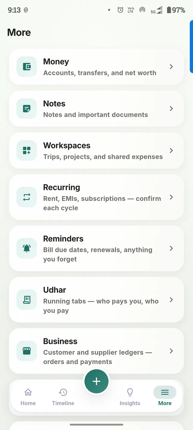Screenshot of Dova's More screen, listing Money, Notes, Workspaces, Recurring, Reminders, Udhar, and Business.